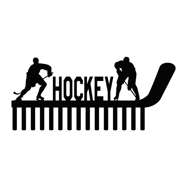 Black steel medal holder with two male hockey players, one waiting for a pass and the other carrying the puck, with 'Hockey' and 15 hooks.